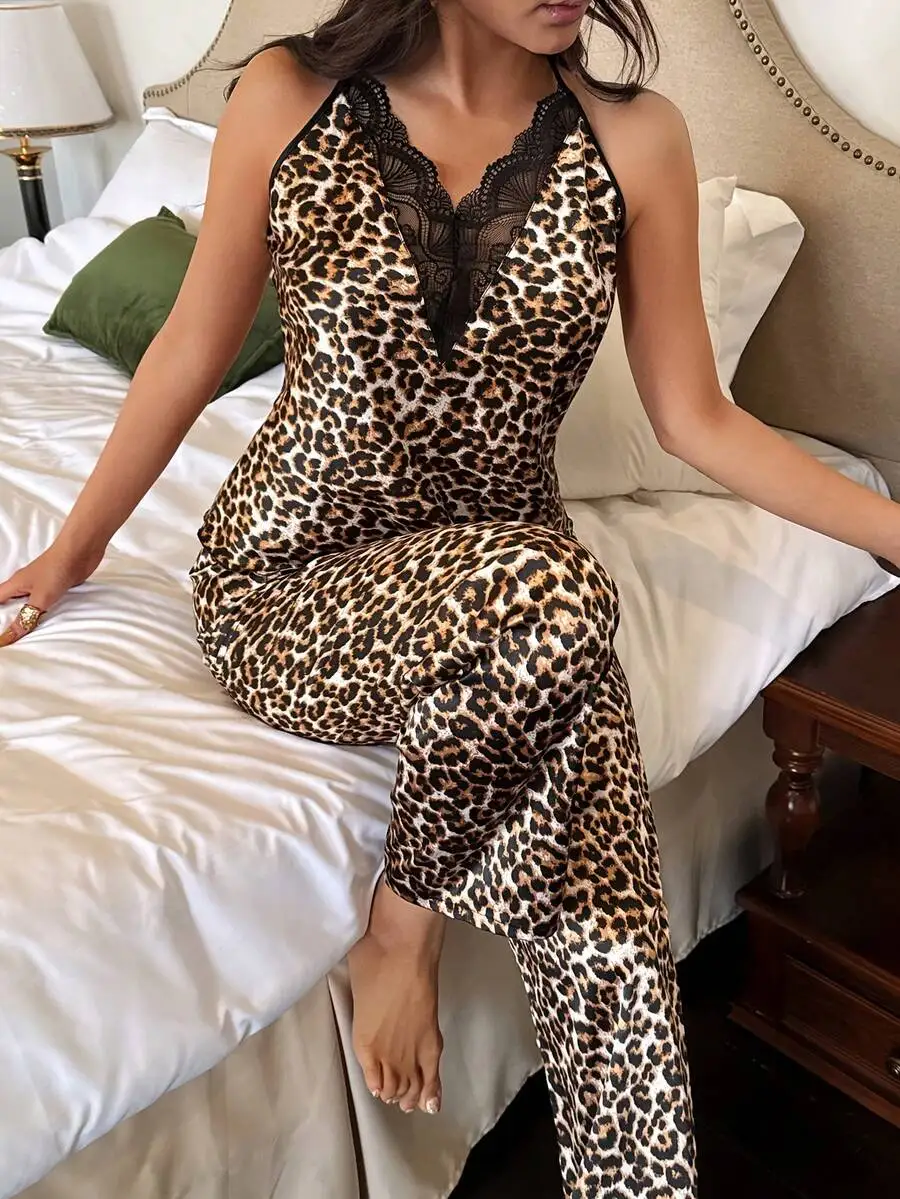 Womens Leopard Print Halter Neck Lace Trim Pajama Set Long Pants
Womens Leopard Print Halter Neck Lace Trim Pajama Set Long Pants