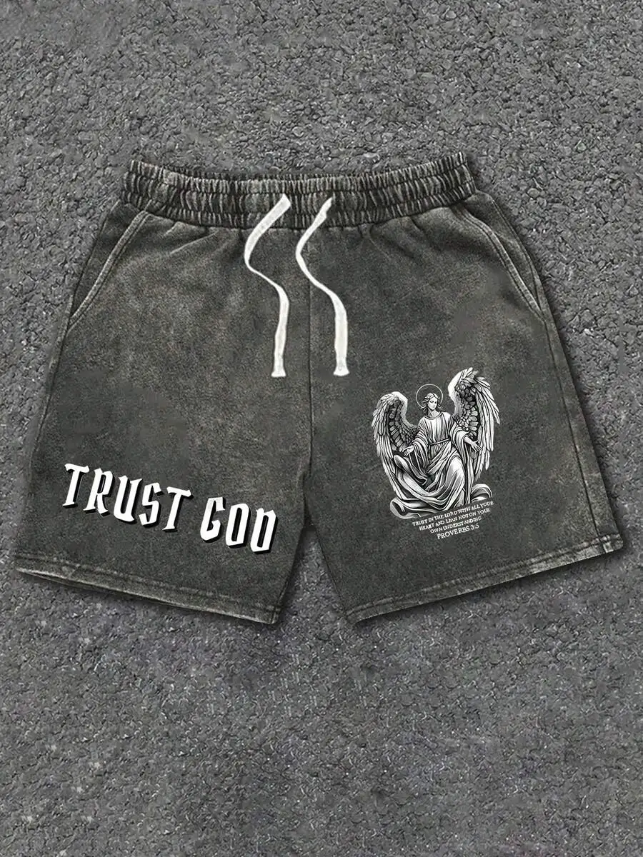 Mens Cotton Washed Shorts With Angel Print And Trust God Text Casual Drawstring Waist
Mens Cotton Washed Shorts With Angel Print And Trust God Text Casual Drawstring Waist