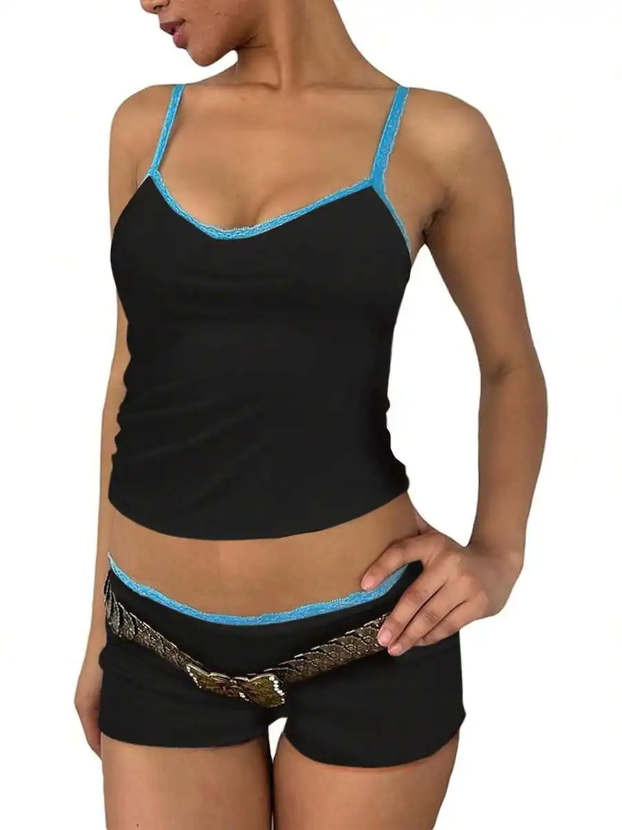 Women Black Camisole And Shorts Set With Blue Lace Trim Summer Outfit
Women Black Camisole And Shorts Set With Blue Lace Trim Summer Outfit