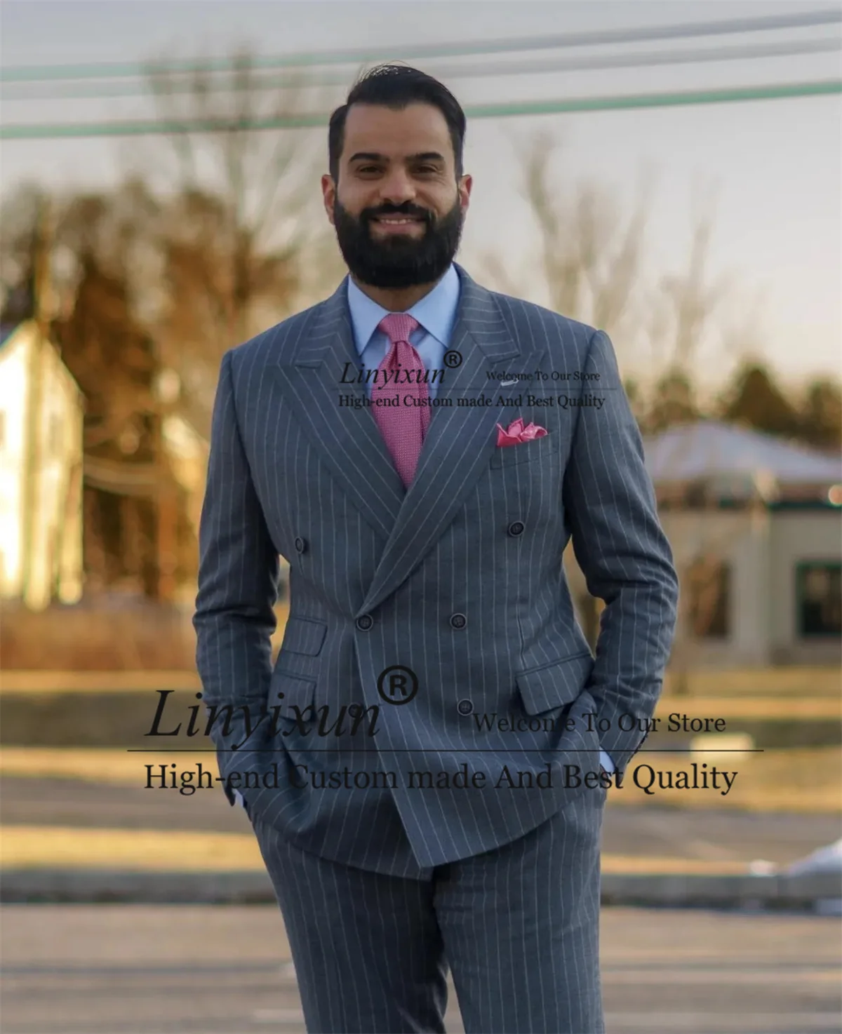 Grey Striped Mens Suits Double Breasted Groom Tuxedos 2 Pieces Sets Bridegroom Prom Blazers Slim Fit Costume Homme Jaket Pants
Grey Striped Mens Suits Double Breasted Groom Tuxedos 2 Pieces Sets Bridegroom Prom Blazers Slim Fit Costume Homme Jaket Pants