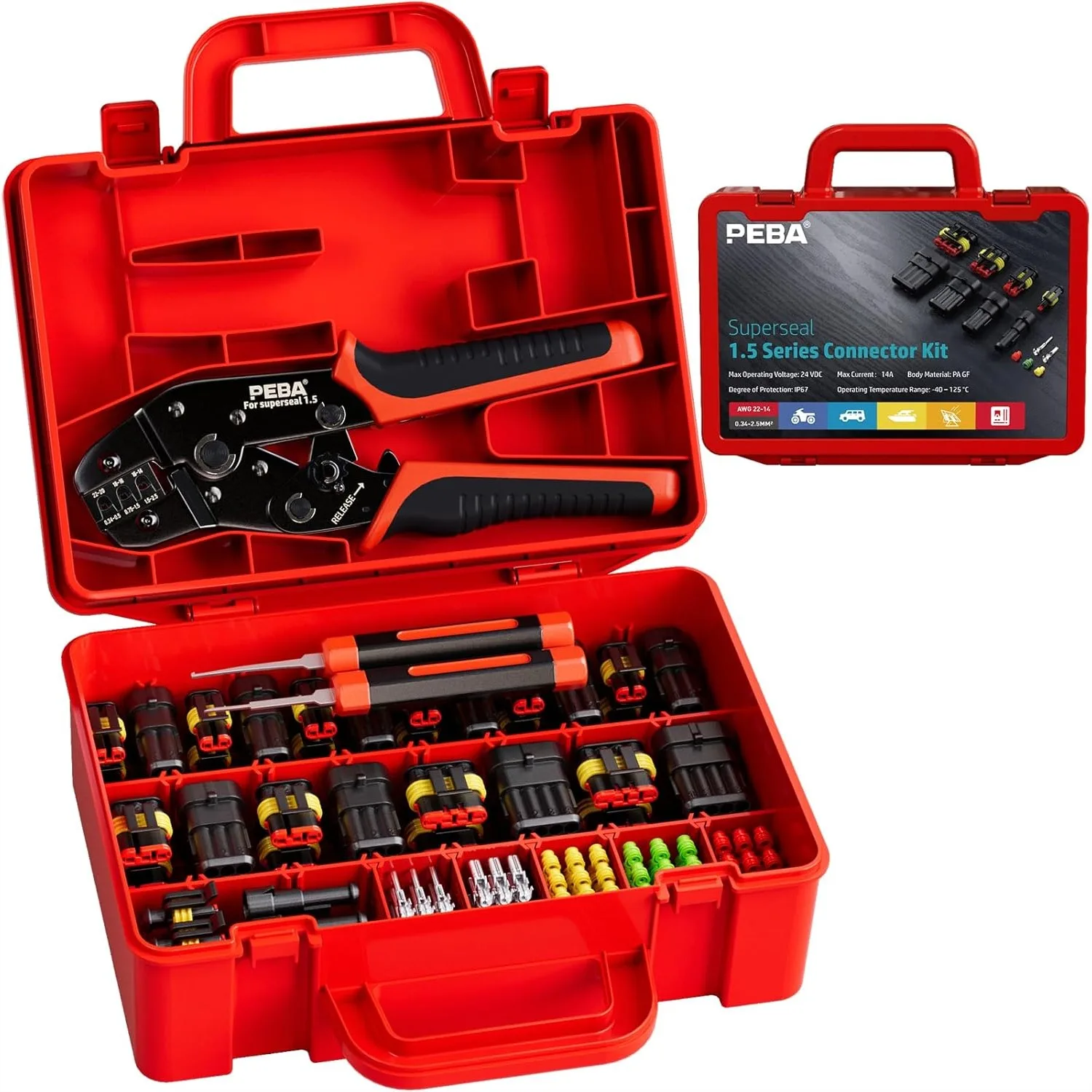 PEBA Waterproof Automotive Electrical Connectors Kit with Ratchet Crimping Tool, 1/2/3/4-Pin Connector Plugs for Cars
PEBA Waterproof Automotive Electrical Connectors Kit with Ratchet Crimping Tool, 1/2/3/4-Pin Connector Plugs for Cars