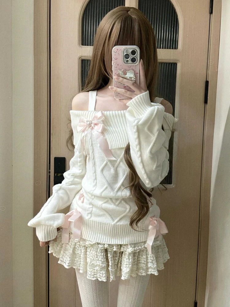 Весенний теплый тонкий вязаный свитер 2026 года в стиле каваи для женщин, с открытыми плечами, белый, с милым бантом и шнуровкой, в японском стиле
Весенний теплый тонкий вязаный свитер 2026 года в стиле каваи для женщин, с открытыми плечами, белый, с милым бантом и шнуровкой, в японском стиле