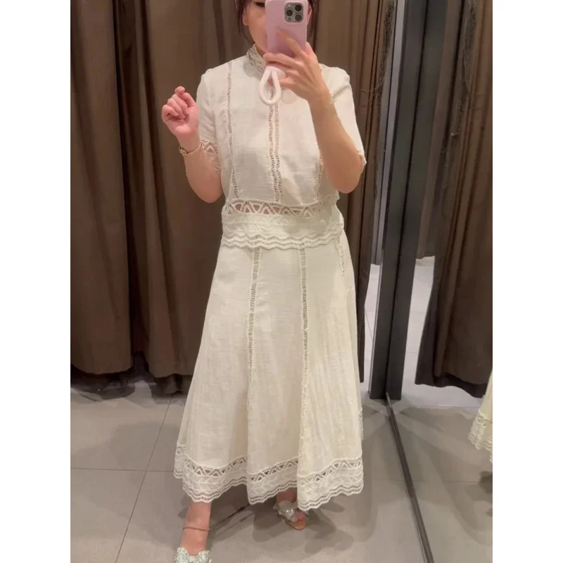 Summer Women's Elegant Crochet Detail Hollow Midi Skirt Casual White Short Sleeve round Neck Shirt with Side Zipper
Summer Women's Elegant Crochet Detail Hollow Midi Skirt Casual White Short Sleeve round Neck Shirt with Side Zipper