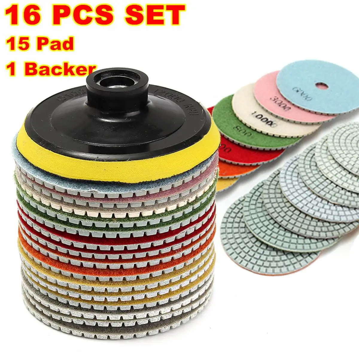 16pcs Diamond Polishing Pads Kit Wet/Dry 4 inch 100mm for Stone Concrete Granite Marble Polishing Use Grinding Discs Set
16pcs Diamond Polishing Pads Kit Wet/Dry 4 inch 100mm for Stone Concrete Granite Marble Polishing Use Grinding Discs Set