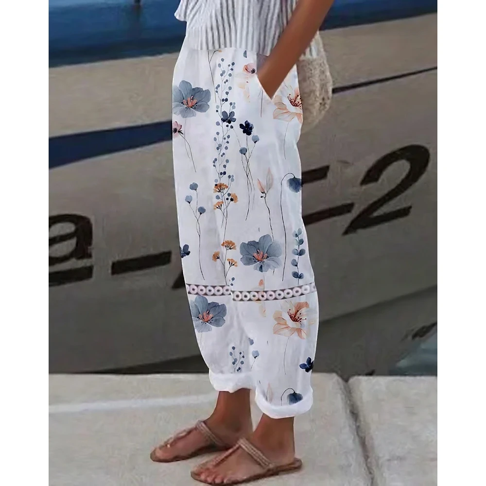 Casual Floral Print Pocket Design Long White Women Pants Hollow Out Lace Patch Cuffed Pants Summer Female Trouses Streetwear
Casual Floral Print Pocket Design Long White Women Pants Hollow Out Lace Patch Cuffed Pants Summer Female Trouses Streetwear