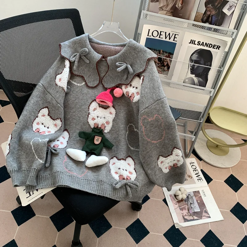 Lazy style cute age-reducing doll collar bow sweater pullover for women autumn and winter 2024 new loose outer top
Lazy style cute age-reducing doll collar bow sweater pullover for women autumn and winter 2024 new loose outer top