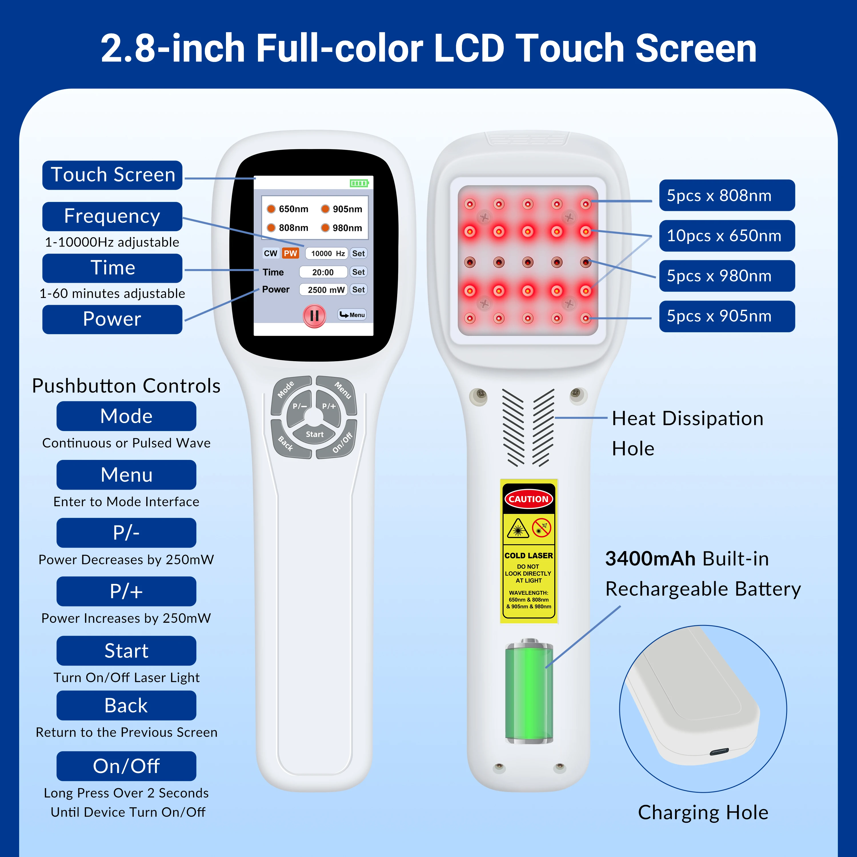 2500mw Rechargeable Cold Laser Device for Neck Pain Rib Pain Physical Rehabilitation Meniscus Injury and Resistant Tendon Pain
2500mw Rechargeable Cold Laser Device for Neck Pain Rib Pain Physical Rehabilitation Meniscus Injury and Resistant Tendon Pain