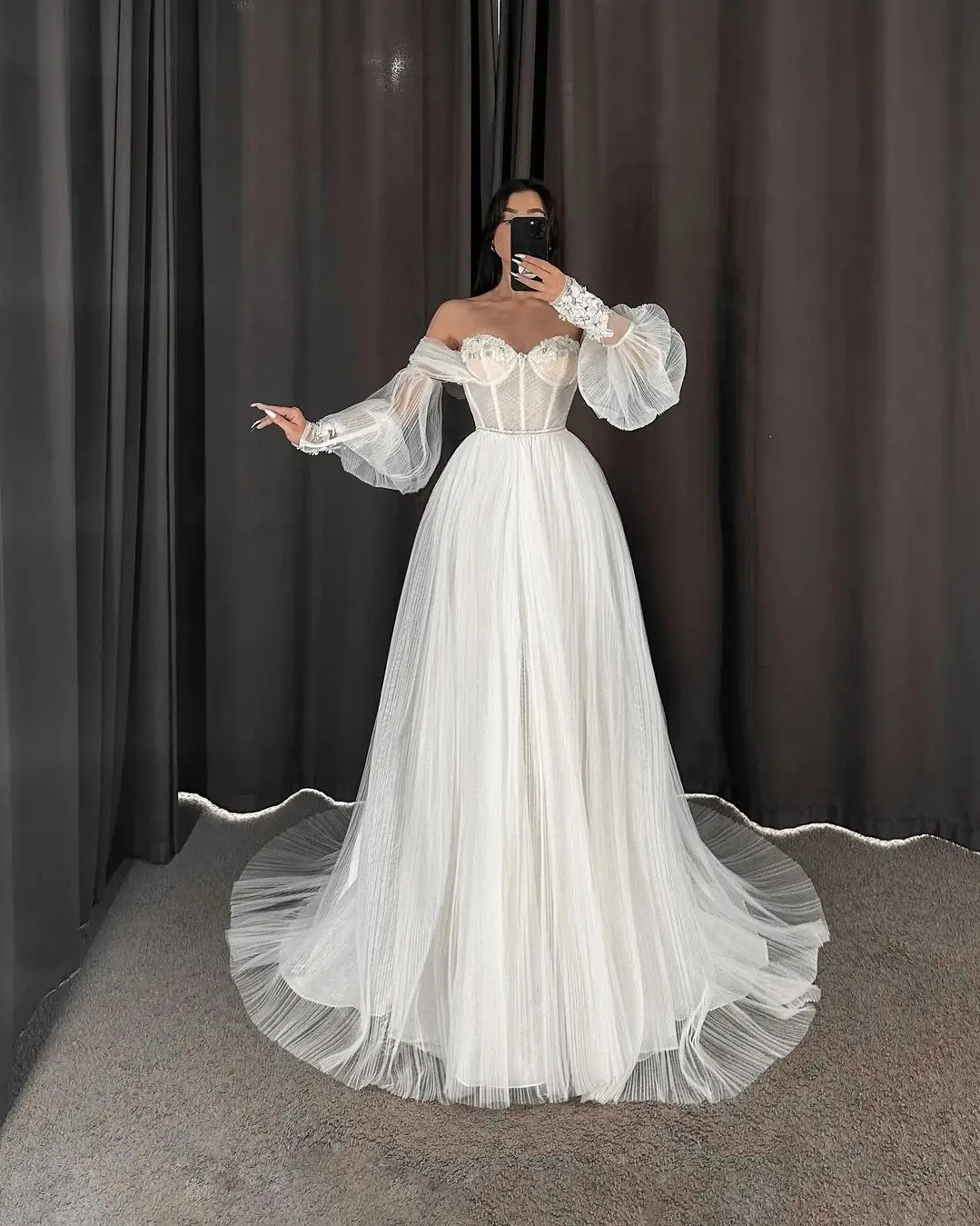 Customized Luxury Tulle A-Line Off The Shoulder Crystal Evening Dresses Strapless Long Sleeves Panel Train White Prom
Customized Luxury Tulle A-Line Off The Shoulder Crystal Evening Dresses Strapless Long Sleeves Panel Train White Prom