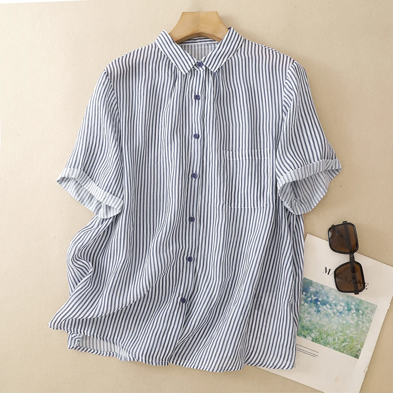 Loose Women's Shirt Lazy Style Large Size Summer New Stripe Cotton Linen Short Sleeve Quality Blouse Coat Top
Loose Women's Shirt Lazy Style Large Size Summer New Stripe Cotton Linen Short Sleeve Quality Blouse Coat Top