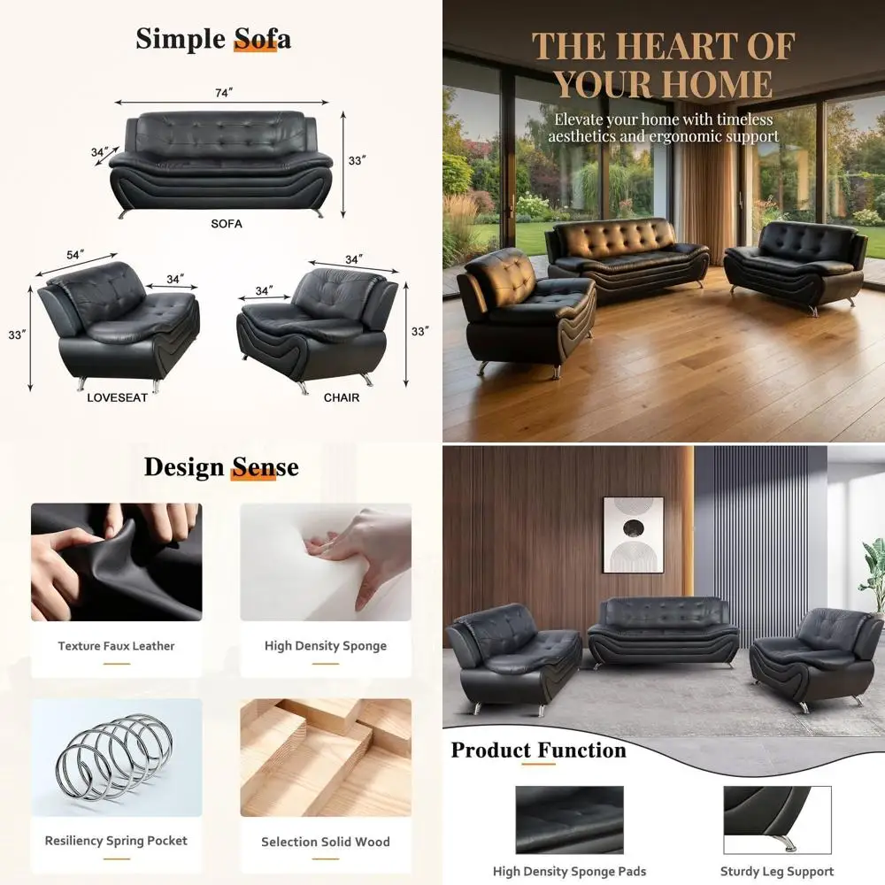 aux Leather Soa Set or Living Room, ern Living Room urniture Set, 3 Pieces Couch Set with 3-Seater Soa, Loveseat and Armchair (B
aux Leather Soa Set or Living Room, ern Living Room urniture Set, 3 Pieces Couch Set with 3-Seater Soa, Loveseat and Armchair (B