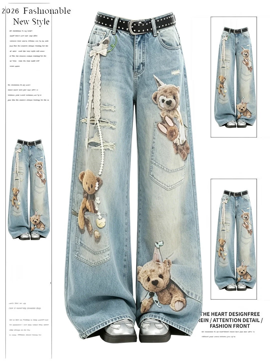 Retro American Bear Print Wide Leg Jeans Women's Summer New Age Reduction Design Trendy High Waist Denim Pants Casual Wear
Retro American Bear Print Wide Leg Jeans Women's Summer New Age Reduction Design Trendy High Waist Denim Pants Casual Wear