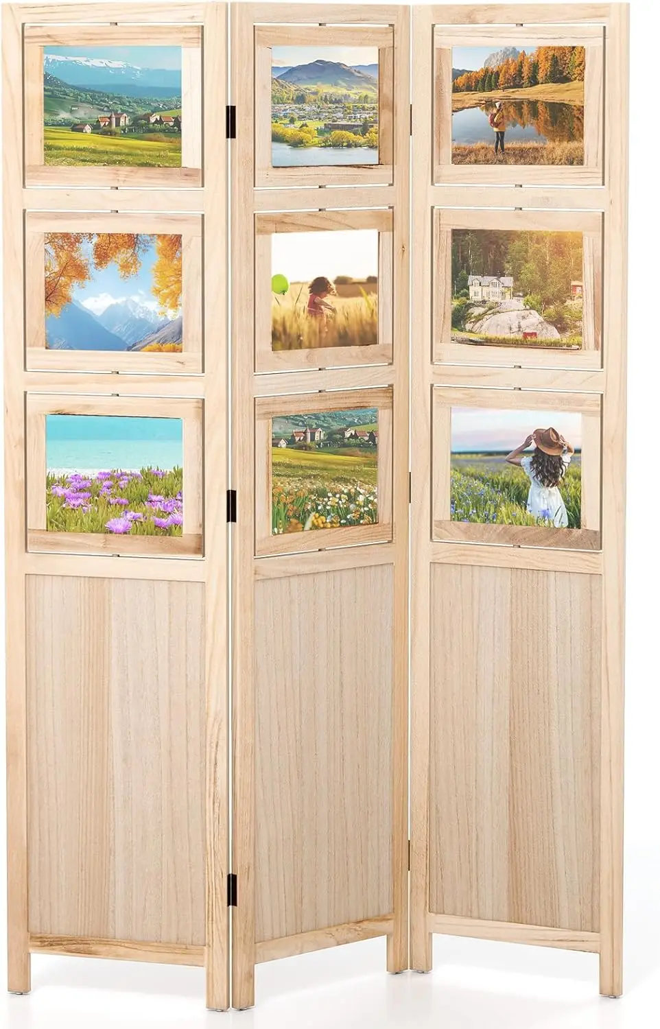 3 Panel Room Divider with 9 Rotating Picture Frames, 67'' Folding Privacy Screen for Photo Display, Freestanding Wood Wa
3 Panel Room Divider with 9 Rotating Picture Frames, 67'' Folding Privacy Screen for Photo Display, Freestanding Wood Wa