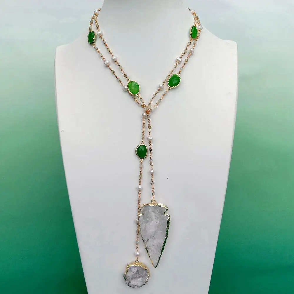 YYGEM Cultured White Pearl Green Jade Rosary Chain Long Necklace 31x62mm Quartz Rough Arrow Head Shape Charm Pendant
YYGEM Cultured White Pearl Green Jade Rosary Chain Long Necklace 31x62mm Quartz Rough Arrow Head Shape Charm Pendant