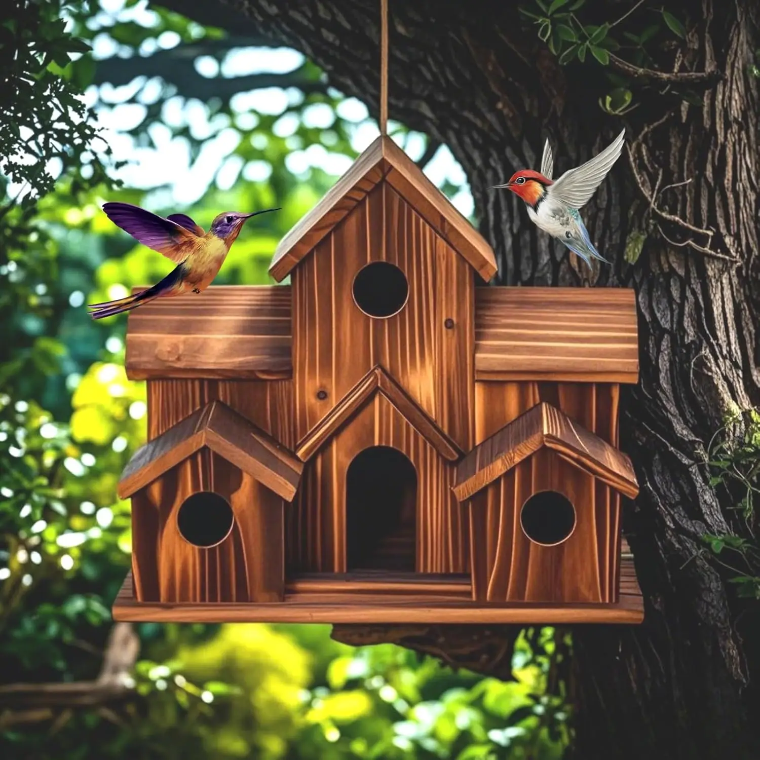 Outdoor bird house, handmade 6-hole, hanging bird house, used for gardening decoration and bird habitat
Outdoor bird house, handmade 6-hole, hanging bird house, used for gardening decoration and bird habitat
