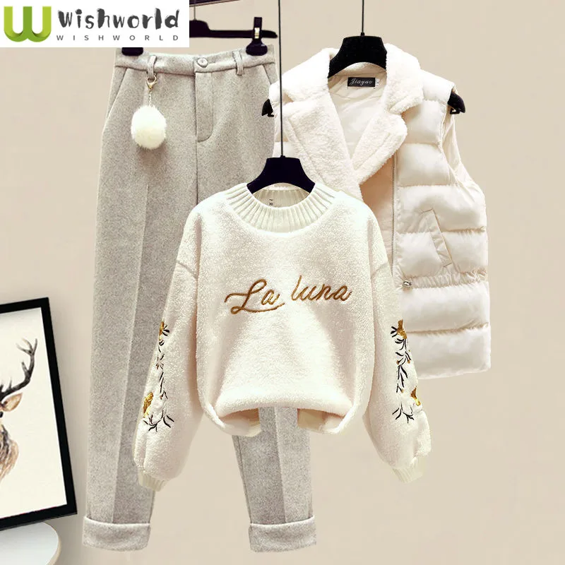 Thickened Cotton Jacket Vest Knitted Long Sleeved Sweater Pullover Woolen Pants Three Piece Elegant Women's Pants Set
Thickened Cotton Jacket Vest Knitted Long Sleeved Sweater Pullover Woolen Pants Three Piece Elegant Women's Pants Set