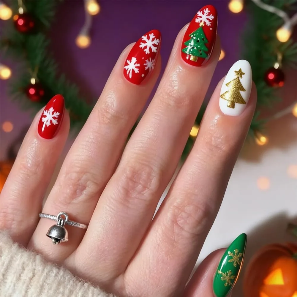 Medium Almond Short Artificial Nails with Red Green Glitter Xmas Tree Design
Medium Almond Short Artificial Nails with Red Green Glitter Xmas Tree Design