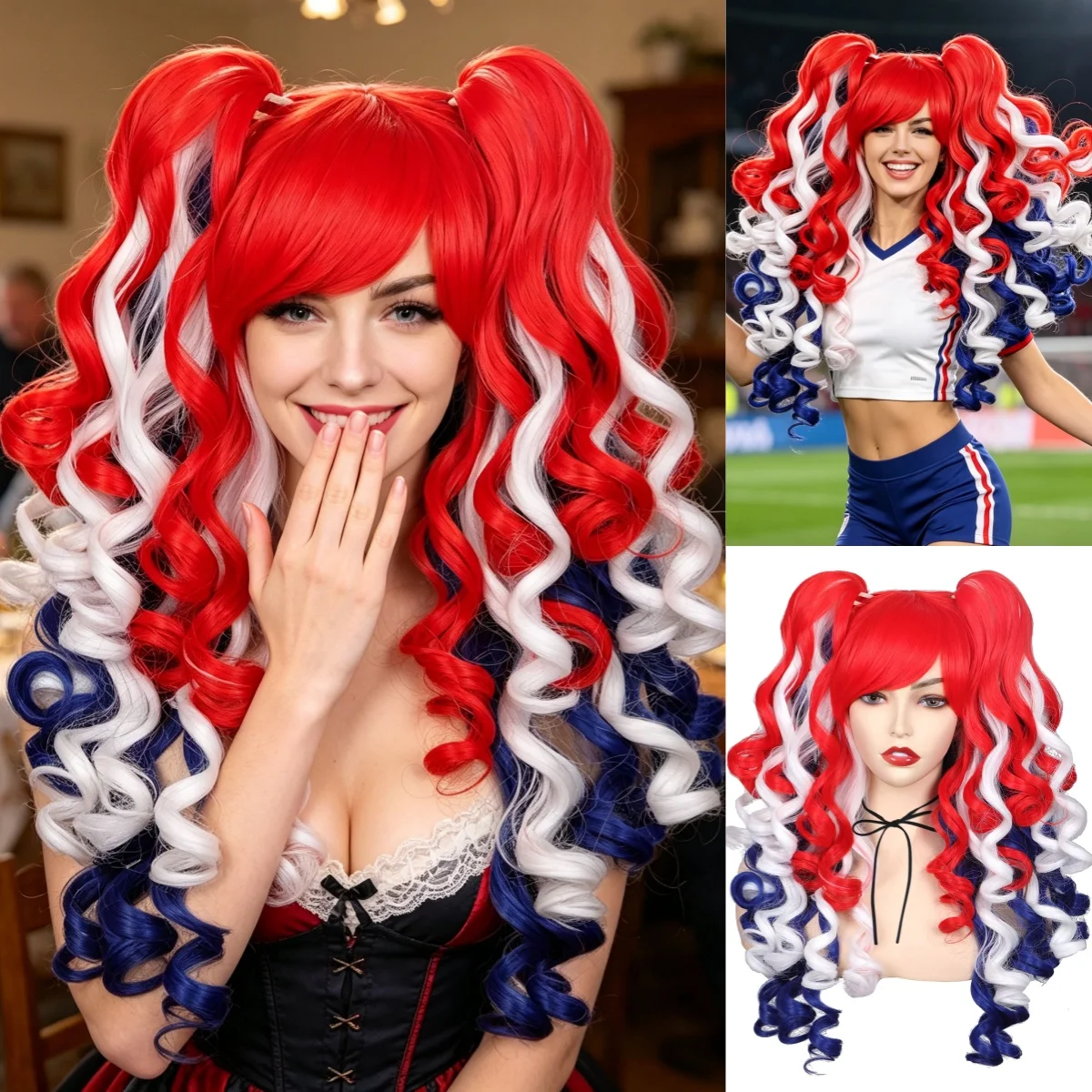 Flag-Colored Red, White, and Blue Curly Double Ponytail Wig, Synthetic Heat-Resistant Hair for Women, Patriotic Style Wig with Bangs, Long Spiral Curly Hair for Halloween Parties, Three Colors: Red, White, Blue
Flag-Colored Red, White, and Blue Curly Double Ponytail Wig, Synthetic Heat-Resistant Hair for Women, Patriotic Style Wig with Bangs, Long Spiral Curly Hair for Halloween Parties, Three Colors: Red, White, Blue