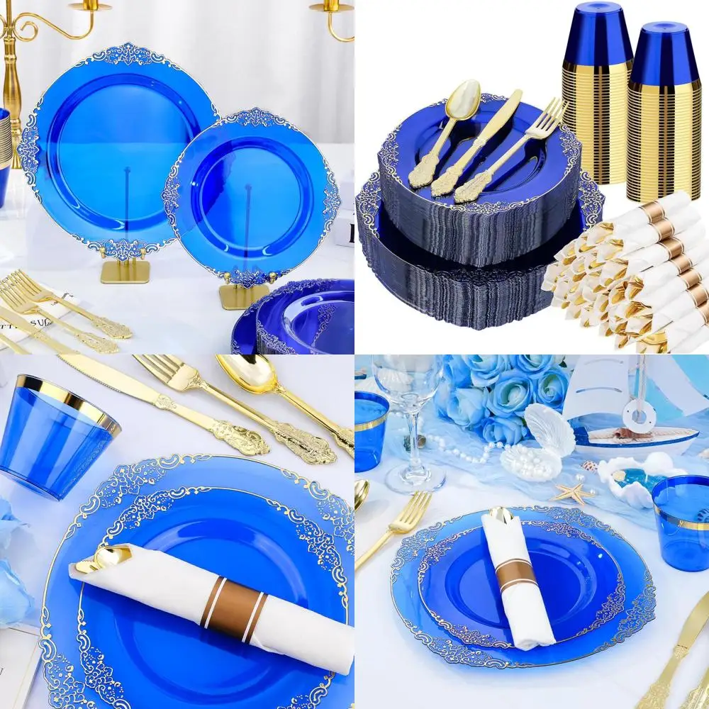 50-Guest Blue & Gold Plastic Dinnerware Set: 100 Plates, 150 Cutlery, 50 Cups & Napkins for Celebrations
50-Guest Blue & Gold Plastic Dinnerware Set: 100 Plates, 150 Cutlery, 50 Cups & Napkins for Celebrations