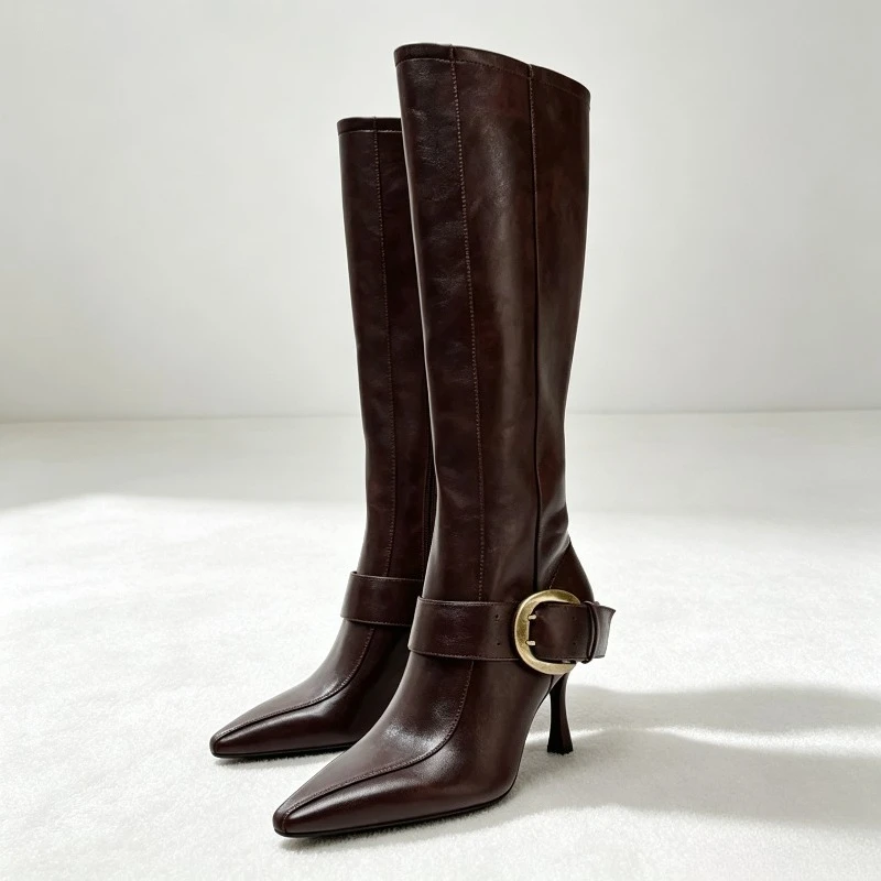 Retro Brown Pointed Toe Knee High Boots for Women Metal Buckle Decoration 2026 Winter Boots Designer Thin High Heel Women's Shoe
Retro Brown Pointed Toe Knee High Boots for Women Metal Buckle Decoration 2026 Winter Boots Designer Thin High Heel Women's Shoe