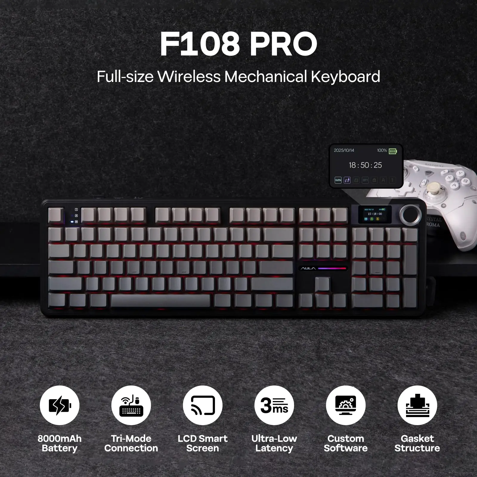 Беспроводная игровая клавиатура Aula F108 PRO с экраном, аккумулятор 8000 мАч, 104, программируемая клавиша с возможностью горячей замены и ручкой подсветки RGB
Беспроводная игровая клавиатура Aula F108 PRO с экраном, аккумулятор 8000 мАч, 104, программируемая клавиша с возможностью горячей замены и ручкой подсветки RGB
