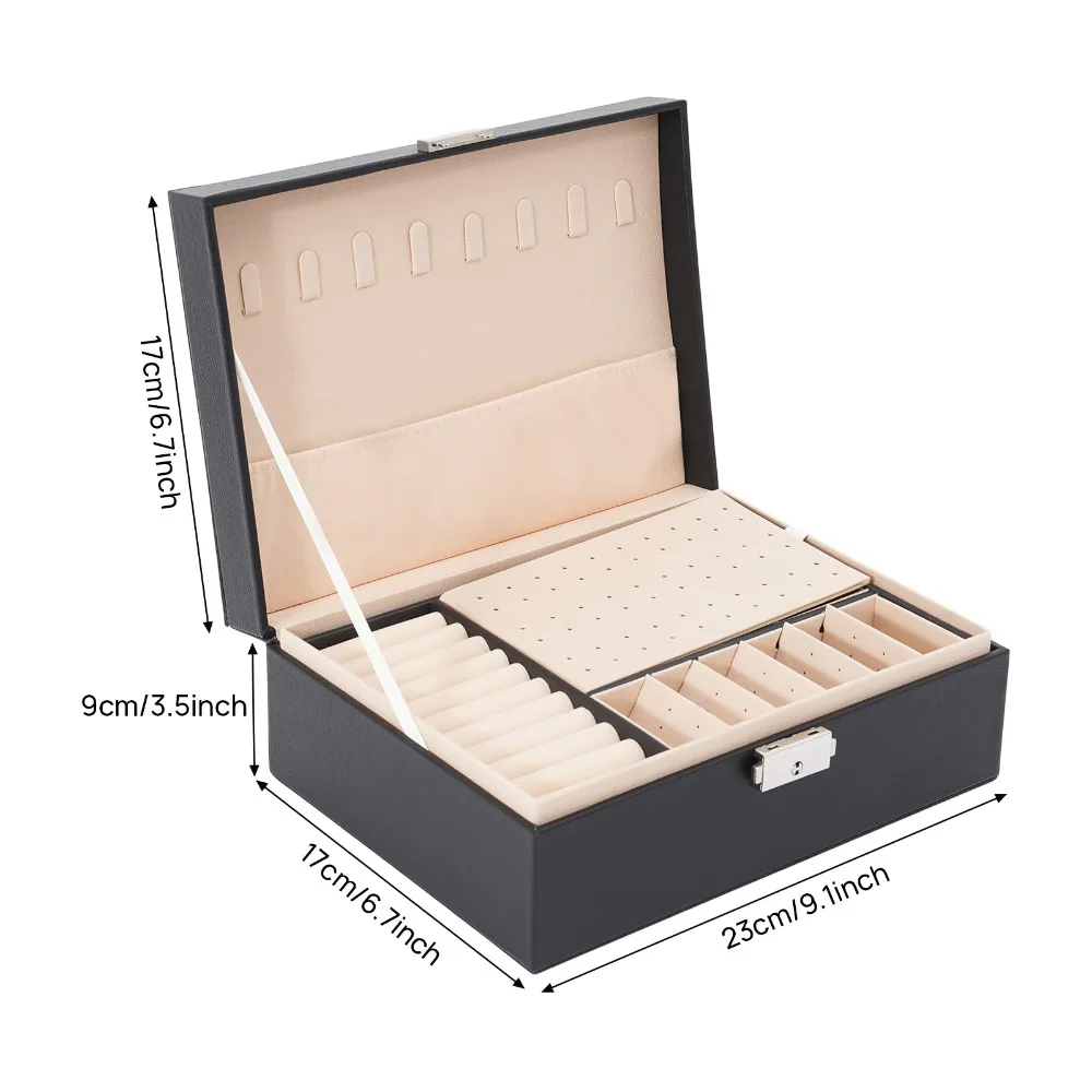 Jewelry Boxes, Double Layer PVC Jewelry Box, Black Color, Durable Storage Case, Removable Dividers, Smooth Rounded Edges, Multi-Compartment Organizer
Jewelry Boxes, Double Layer PVC Jewelry Box, Black Color, Durable Storage Case, Removable Dividers, Smooth Rounded Edges, Multi-Compartment Organizer