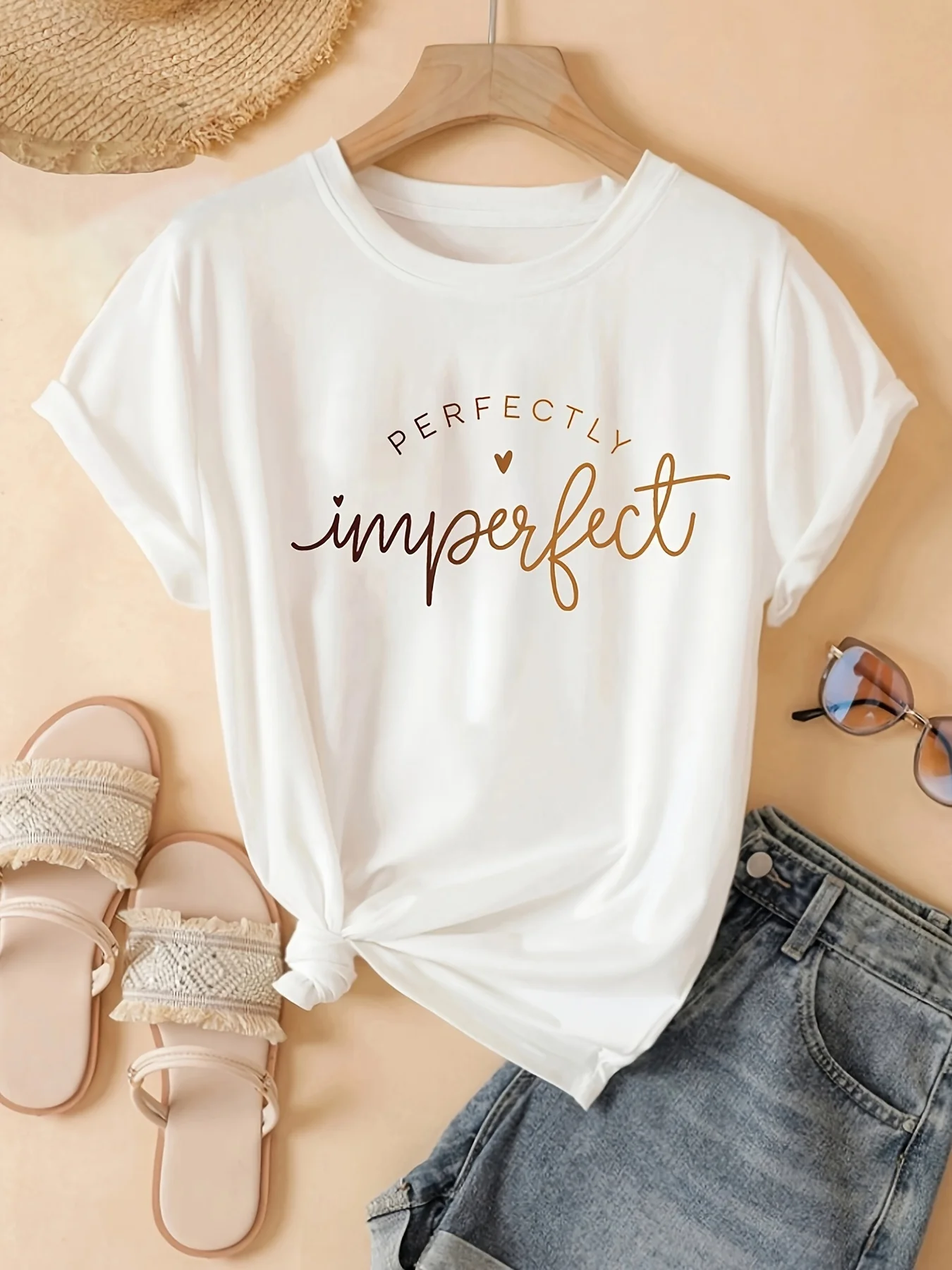 Women'S Casual Crew Neck T-Shirt with Perfectly Imperfect Slogan Polyester Knit Fabric Sprin Summer Fashion Top
Women'S Casual Crew Neck T-Shirt with Perfectly Imperfect Slogan Polyester Knit Fabric Sprin Summer Fashion Top