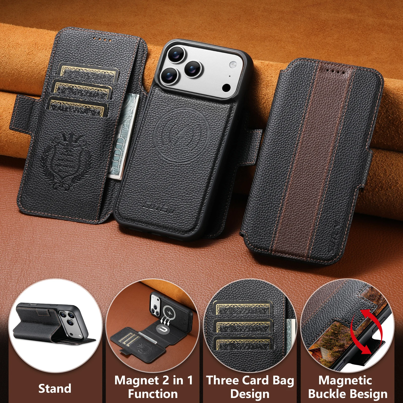 SUTENI Faux Leather Wireless Charging Card Holder Stand Wallet Magnetic Flip Cover Phone Case For iPhone 17 Pro Max 16 15 14 13
SUTENI Faux Leather Wireless Charging Card Holder Stand Wallet Magnetic Flip Cover Phone Case For iPhone 17 Pro Max 16 15 14 13