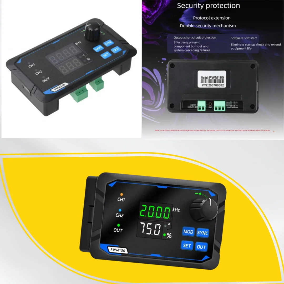PWM150 Dual-Channel Signal Generator Servo Motor Drive Square Wave Pulse with Adjustable Frequency Phase and 0-100% Duty Cycle
PWM150 Dual-Channel Signal Generator Servo Motor Drive Square Wave Pulse with Adjustable Frequency Phase and 0-100% Duty Cycle