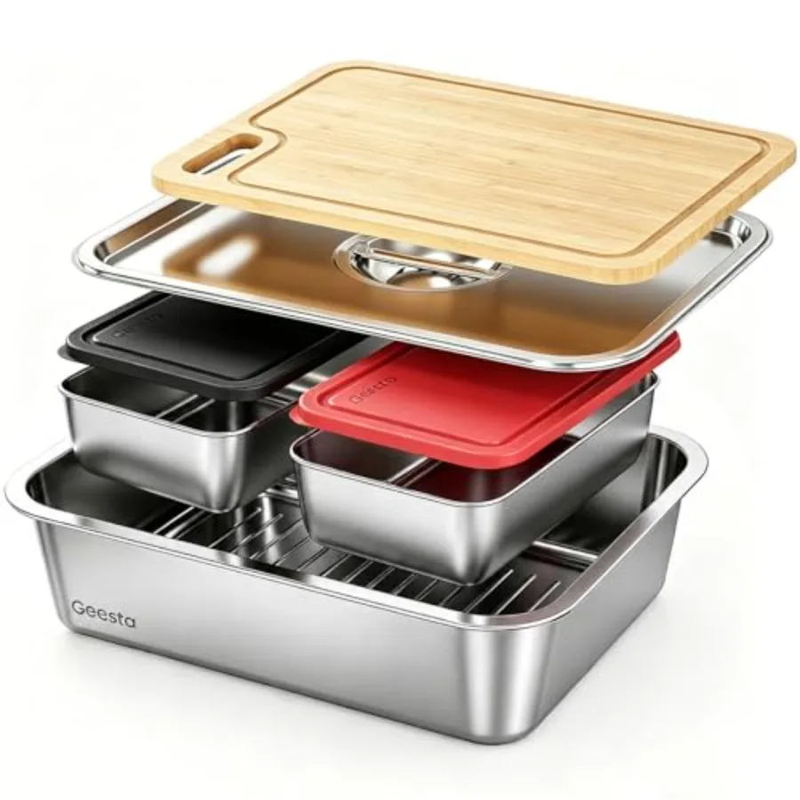 Outdoor grilling prep serve tray set: stainless steel, silver, 5-in-1 versatility with marinating container, lid, cutting board
Outdoor grilling prep serve tray set: stainless steel, silver, 5-in-1 versatility with marinating container, lid, cutting board