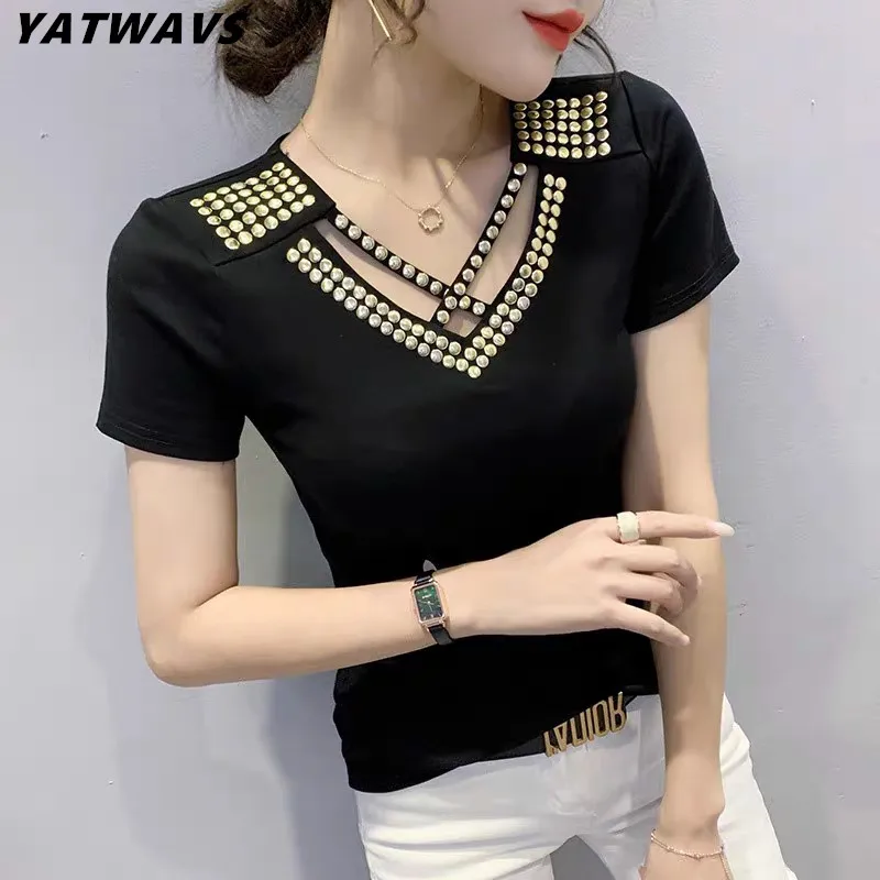 Summer European Exquisite Female Clothes T-Shirt Sexy Hollow Out Diamonds V-Neck Cotton Women Tops New Short Sleeve Brand Tees
Summer European Exquisite Female Clothes T-Shirt Sexy Hollow Out Diamonds V-Neck Cotton Women Tops New Short Sleeve Brand Tees