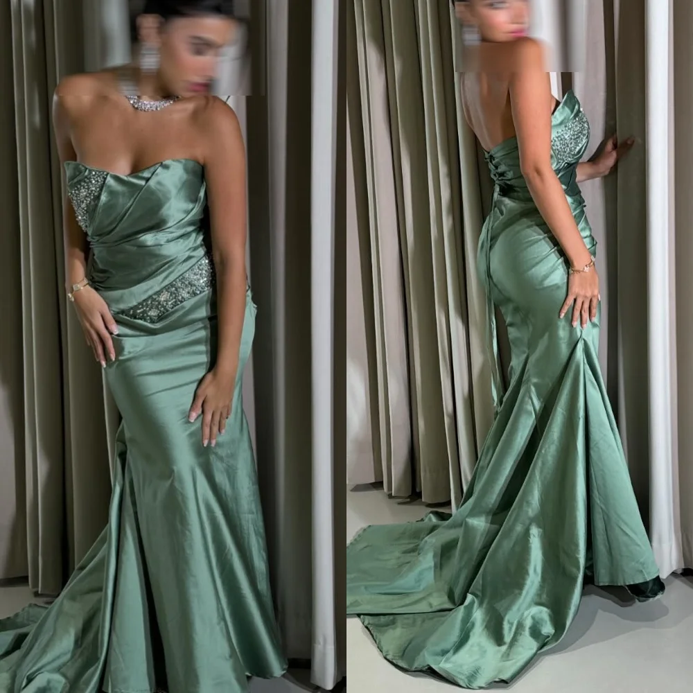 Customized High Quality Green Satin Evening Dress Exquisite Strapless Sleeveless Cocktail Dress Modern Lace Up Back Prom Dress 
Customized High Quality Green Satin Evening Dress Exquisite Strapless Sleeveless Cocktail Dress Modern Lace Up Back Prom Dress