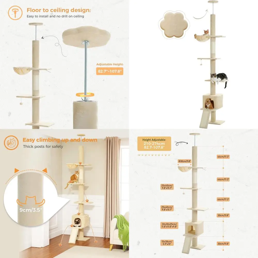 Регулируемая кошачья лежанка-башня 83-108 см с 5 уровнями, когтеточкой, верхними платформами и просторным домиком для крупных кошек, бежевая
Регулируемая кошачья лежанка-башня 83-108 см с 5 уровнями, когтеточкой, верхними платформами и просторным домиком для крупных кошек, бежевая