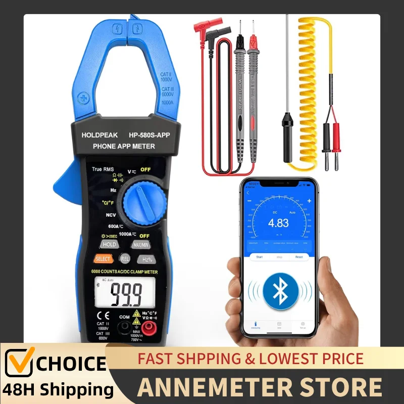 HoldPeak HP-580S-APP True RMS Clamp Meter, 6000 Counts, APP Connect, 1000A AC/DC, Voltage, Resistance, Temperature, Continuity
HoldPeak HP-580S-APP True RMS Clamp Meter, 6000 Counts, APP Connect, 1000A AC/DC, Voltage, Resistance, Temperature, Continuity