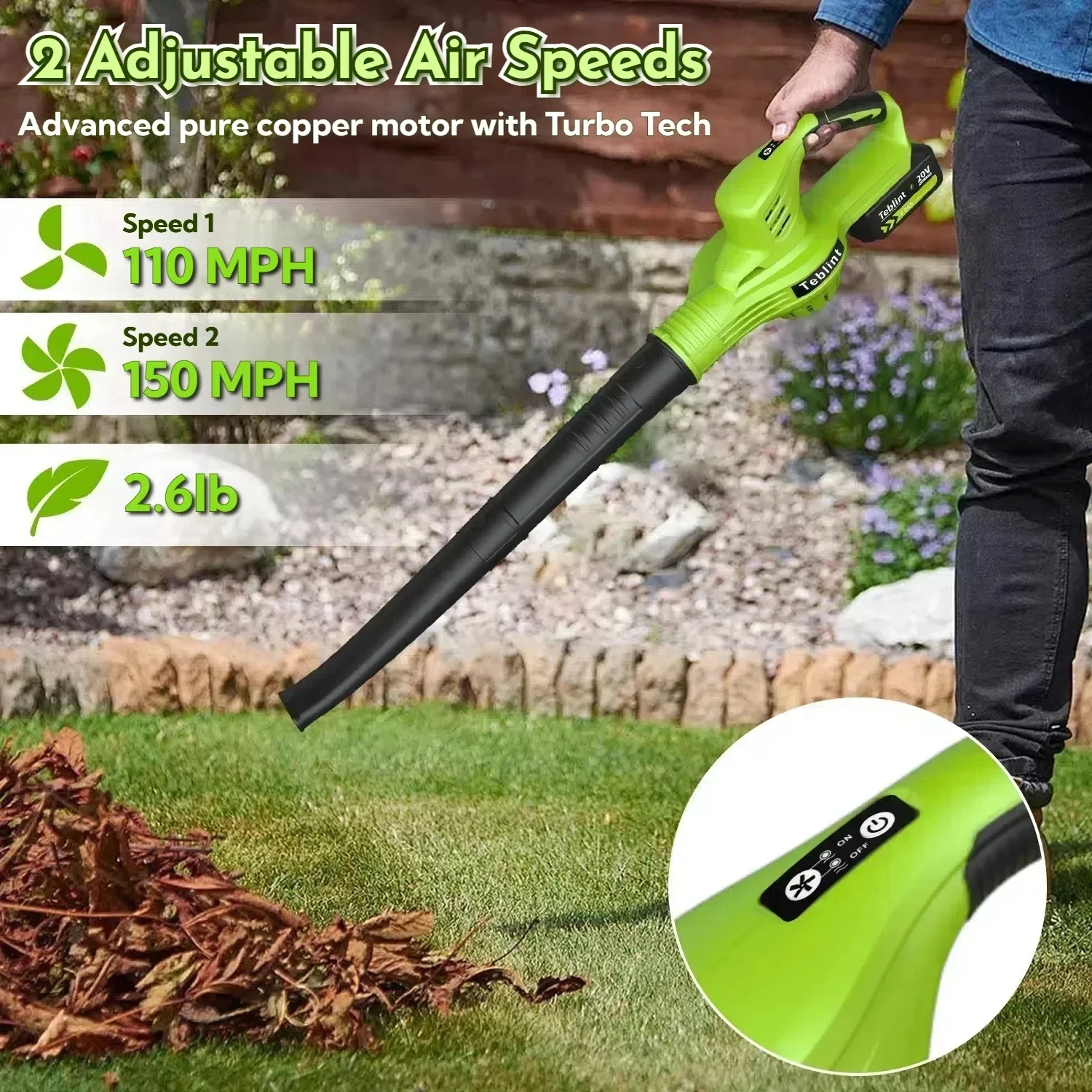 Аккумуляторная электрическая воздуходувка для листьев, портативная, 150 миль/ч, 350 CFM, 20 В, легкая, ручная, 2-скоростная, для ухода за газонами и дворами
Аккумуляторная электрическая воздуходувка для листьев, портативная, 150 миль/ч, 350 CFM, 20 В, легкая, ручная, 2-скоростная, для ухода за газонами и дворами