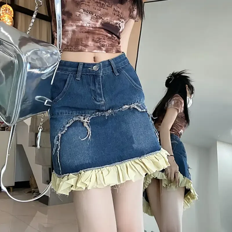 Stylish Ruffles Patchwork Sweet Mini Skirts High Waist Button A-Line Female Clothing Vintage Bag Hip Raw Edge Aura Denim Skirts
Stylish Ruffles Patchwork Sweet Mini Skirts High Waist Button A-Line Female Clothing Vintage Bag Hip Raw Edge Aura Denim Skirts