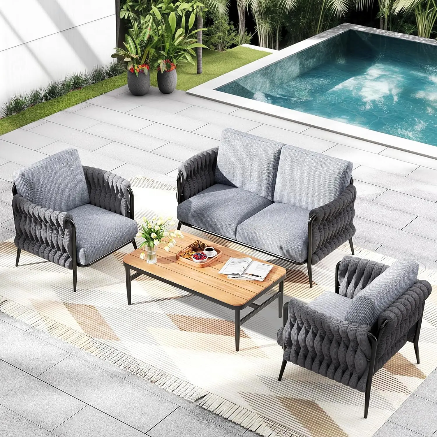 4-Seat Deep Seating Patio Sofa Set w/ Coffee Table Metal Frame Waterproof Thick Cushions Garden Poolside Backyard, Customized
4-Seat Deep Seating Patio Sofa Set w/ Coffee Table Metal Frame Waterproof Thick Cushions Garden Poolside Backyard, Customized