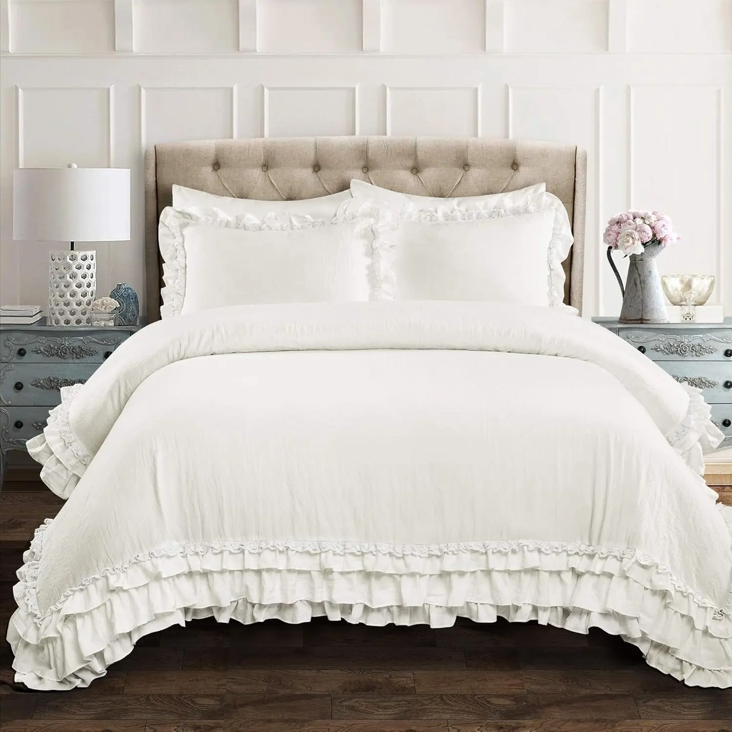 Elegant Ruffle Lace Comforter Set, Full/Queen Size, White - Soft Microfiber Bedding with Pillow Shams
Elegant Ruffle Lace Comforter Set, Full/Queen Size, White - Soft Microfiber Bedding with Pillow Shams