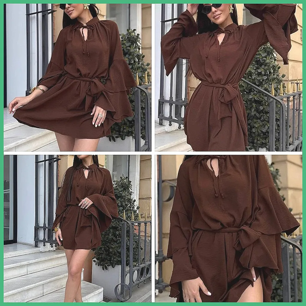Elegant Brown Ruffles Mini Dress for Women, Space-Up A-Line Vestido with Long Flare Sleeves (Characters: 78)
Elegant Brown Ruffles Mini Dress for Women, Space-Up A-Line Vestido with Long Flare Sleeves (Characters: 78)