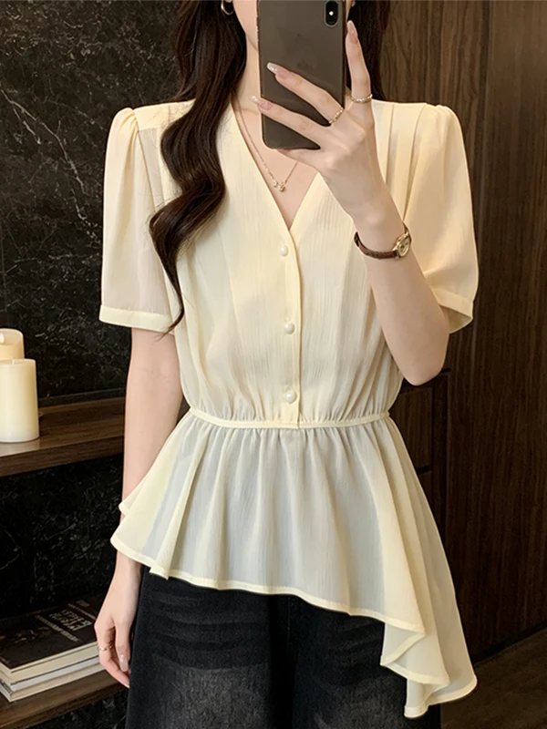 Summer 2026 Korean Style V-Neck Asymmetrical Waist-Cinching Short-Sleeve Chiffon Shirt for plus Size Women Casual Versatile
Summer 2026 Korean Style V-Neck Asymmetrical Waist-Cinching Short-Sleeve Chiffon Shirt for plus Size Women Casual Versatile
