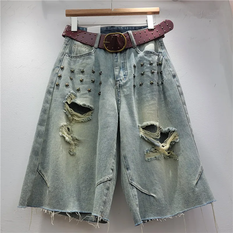 American Style Washed Ripped Jeans, Women's Summer New Retro Distressed High Waist Loose Wide Leg Pants, Casual Cropped Pants
American Style Washed Ripped Jeans, Women's Summer New Retro Distressed High Waist Loose Wide Leg Pants, Casual Cropped Pants