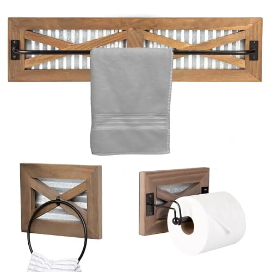 Bathroom towel bar and toilet paper holder set with towel ring: barnwood and galvanized backing, black metal bar, rustic farmho
Bathroom towel bar and toilet paper holder set with towel ring: barnwood and galvanized backing, black metal bar, rustic farmho