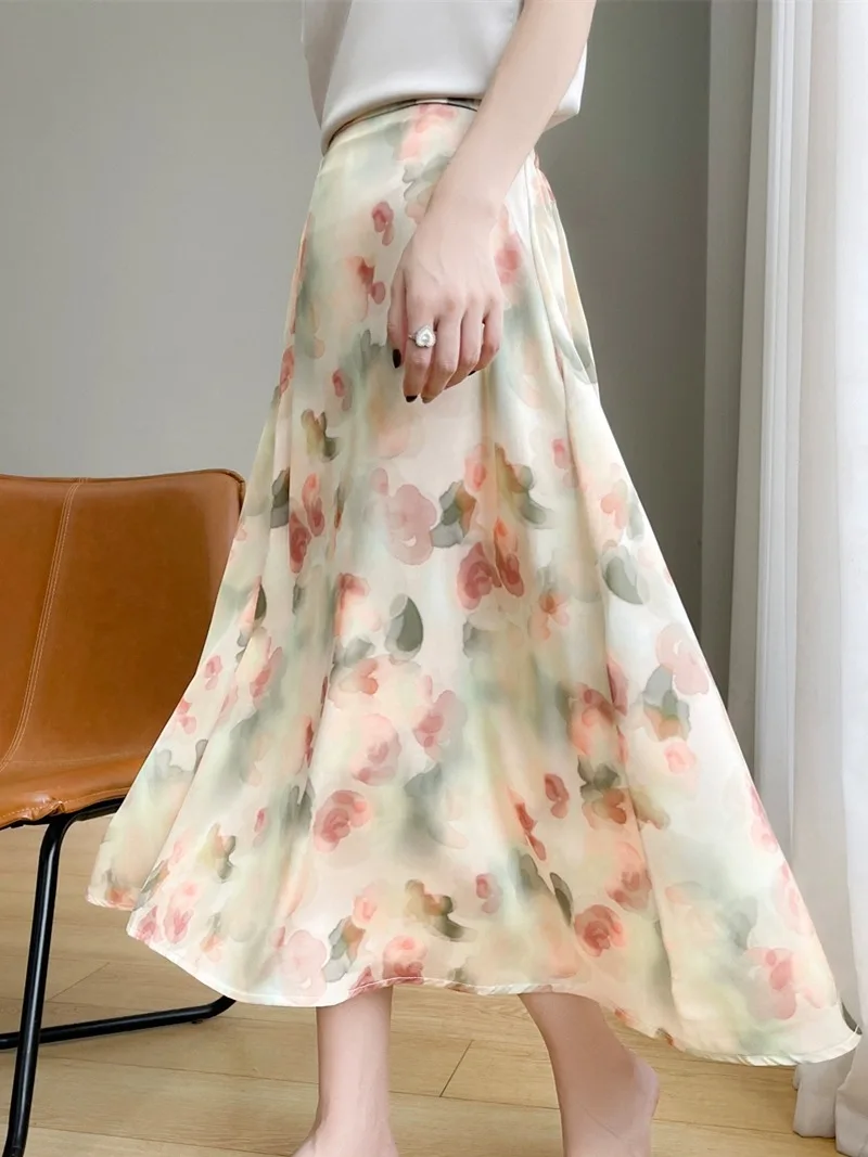 Шелковая атласная юбка f, женская летняя юбка-миди трапециевидной формы с высокой талией и цветочным принтом, длинная юбка
Шелковая атласная юбка f, женская летняя юбка-миди трапециевидной формы с высокой талией и цветочным принтом, длинная юбка