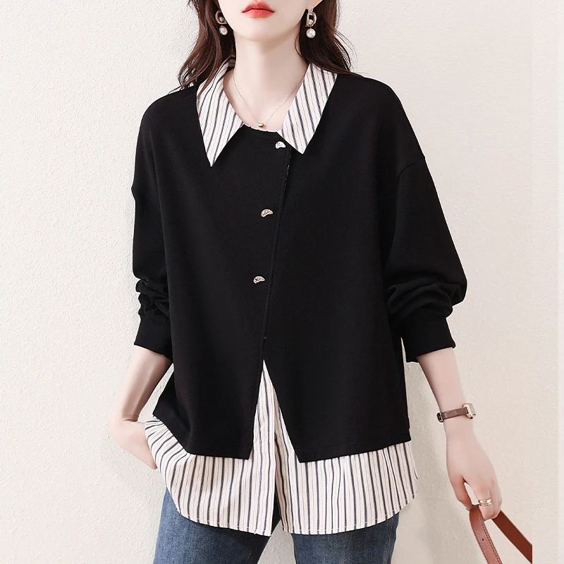 New 2025 Autumn Winter Women's Shirts Causal Fake Two Piece Lady Sweatshirts Loose Plus Size Female Tops Black Puulovers KN6217
New 2025 Autumn Winter Women's Shirts Causal Fake Two Piece Lady Sweatshirts Loose Plus Size Female Tops Black Puulovers KN6217