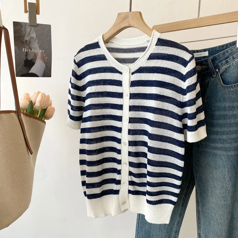 Dave&di 26 Summer New Product Mouth And Paper Yarn Round Neck Striped Short Sleeve Knitted Shirt Curled Edge Small Cardigan For
Dave&di 26 Summer New Product Mouth And Paper Yarn Round Neck Striped Short Sleeve Knitted Shirt Curled Edge Small Cardigan For