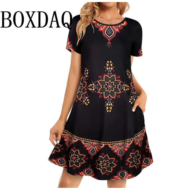 Bohemian Vintage Printed Summer Dress Ladies Loose T-Shirt Dress Casual Women's Beach Short Sleeve Round Neck Pocket Short Dress
Bohemian Vintage Printed Summer Dress Ladies Loose T-Shirt Dress Casual Women's Beach Short Sleeve Round Neck Pocket Short Dress