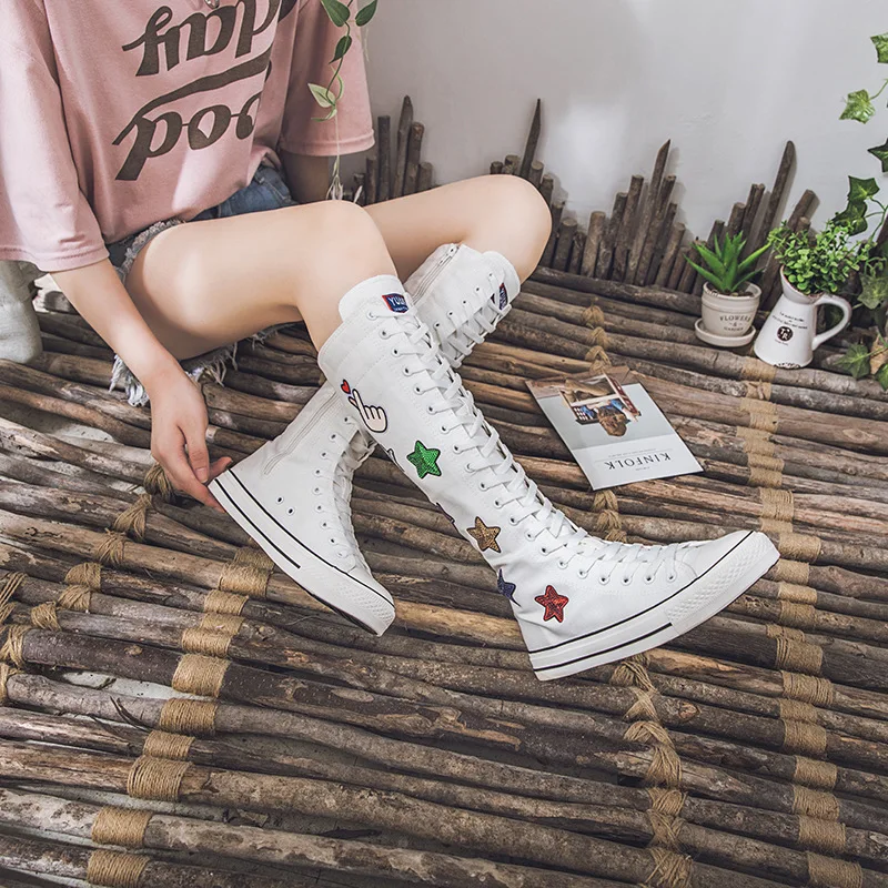 Women's Knee High Canvas Boots Star Embroidery White Lace Up Casual Sneakers Flat Platform Shoes for Women Fashion Women's Shoes
Women's Knee High Canvas Boots Star Embroidery White Lace Up Casual Sneakers Flat Platform Shoes for Women Fashion Women's Shoes