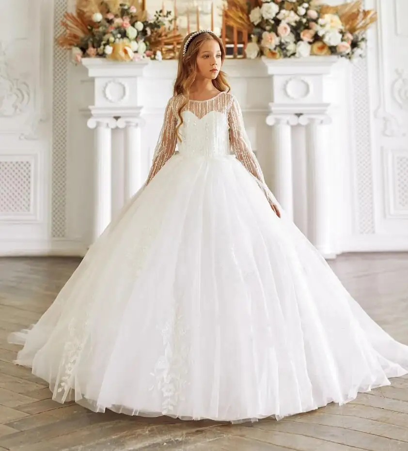White Long Flower Girl Dress For Wedding Lace Tulle Full Sleeves Princess First Communion Dress Child Size 1-14T
White Long Flower Girl Dress For Wedding Lace Tulle Full Sleeves Princess First Communion Dress Child Size 1-14T