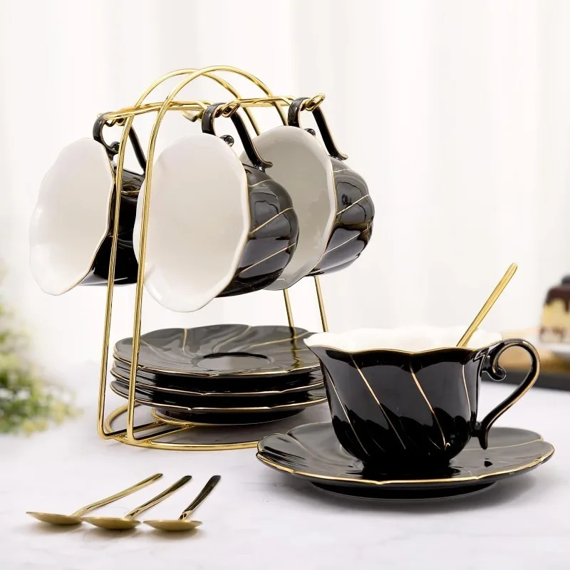 Tea Cup and Saucer Set of 4 (7oz), Luxury British Style Tea Cup Set with Metal Stand, Modern Tea/Coffee Cups with Golden Trim
Tea Cup and Saucer Set of 4 (7oz), Luxury British Style Tea Cup Set with Metal Stand, Modern Tea/Coffee Cups with Golden Trim