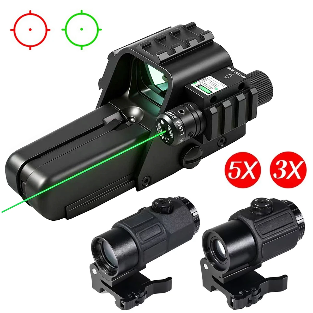 G45/G43 3X/5X Magnifier 552G Green Red Dot Reflex Holographic Optics Green Laser Sight Tactical Hunting Combo Fit 20mm Rail
G45/G43 3X/5X Magnifier 552G Green Red Dot Reflex Holographic Optics Green Laser Sight Tactical Hunting Combo Fit 20mm Rail