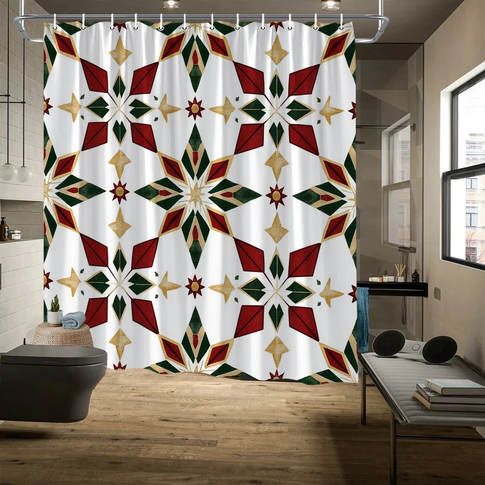 Geometric Star Curtain, Red-Green-Gold Design, Polyester, Diamonds & Triangles, Fade Resistant, Machine Washable, Bath Decor
Geometric Star Curtain, Red-Green-Gold Design, Polyester, Diamonds & Triangles, Fade Resistant, Machine Washable, Bath Decor